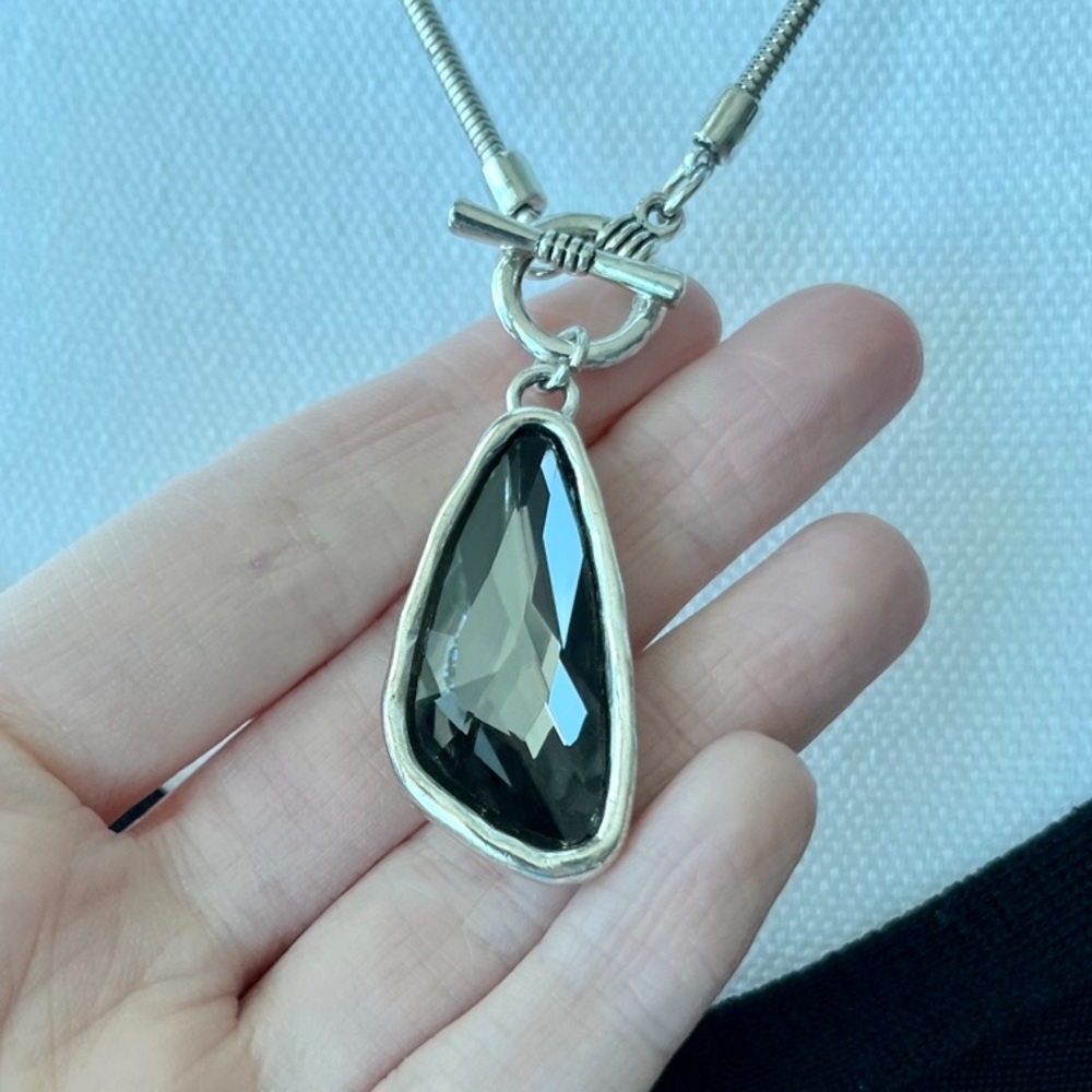 Smoky Resin Crystal Snake Chain Toggle Silver Necklace